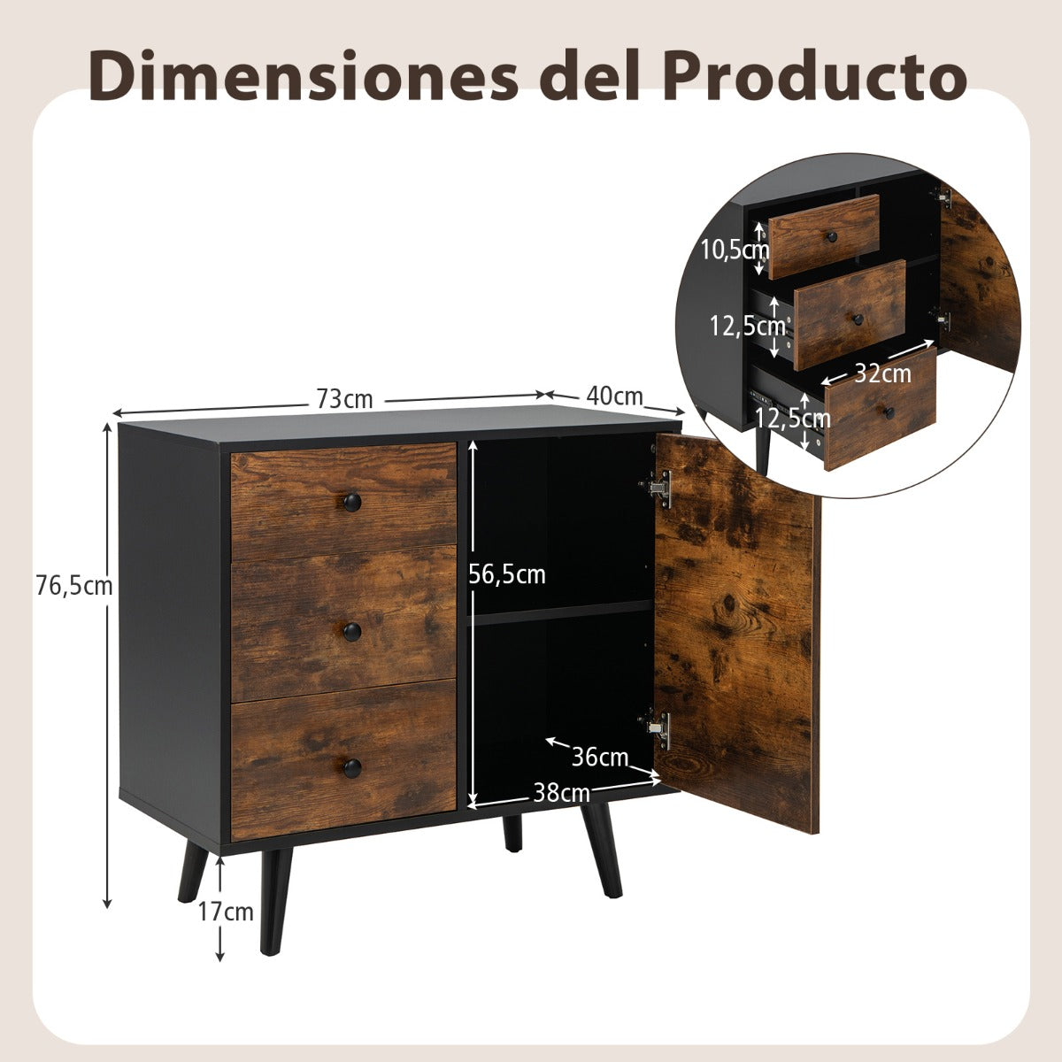 Gabinete con Puerta 3 Cajones de Madera de Mediados de Siglo Estante Ajustable Dispositivo Antivuelco para Oficina Sala de Estar Marrón