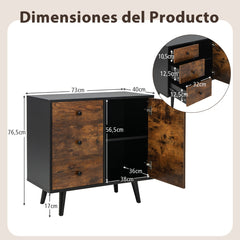 Gabinete con Puerta 3 Cajones de Madera de Mediados de Siglo Estante Ajustable Dispositivo Antivuelco para Oficina Sala de Estar Marrón
