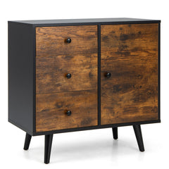 Gabinete con Puerta 3 Cajones de Madera de Mediados de Siglo Estante Ajustable Dispositivo Antivuelco para Oficina Sala de Estar Marrón