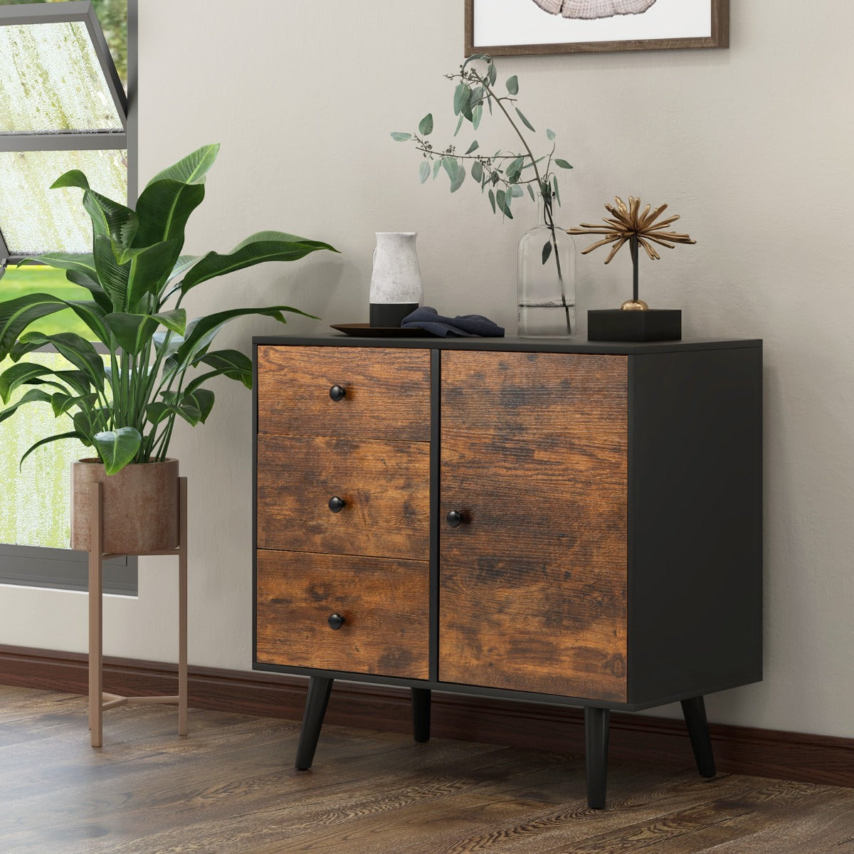 Gabinete con Puerta 3 Cajones de Madera de Mediados de Siglo Estante Ajustable Dispositivo Antivuelco para Oficina Sala de Estar Marrón