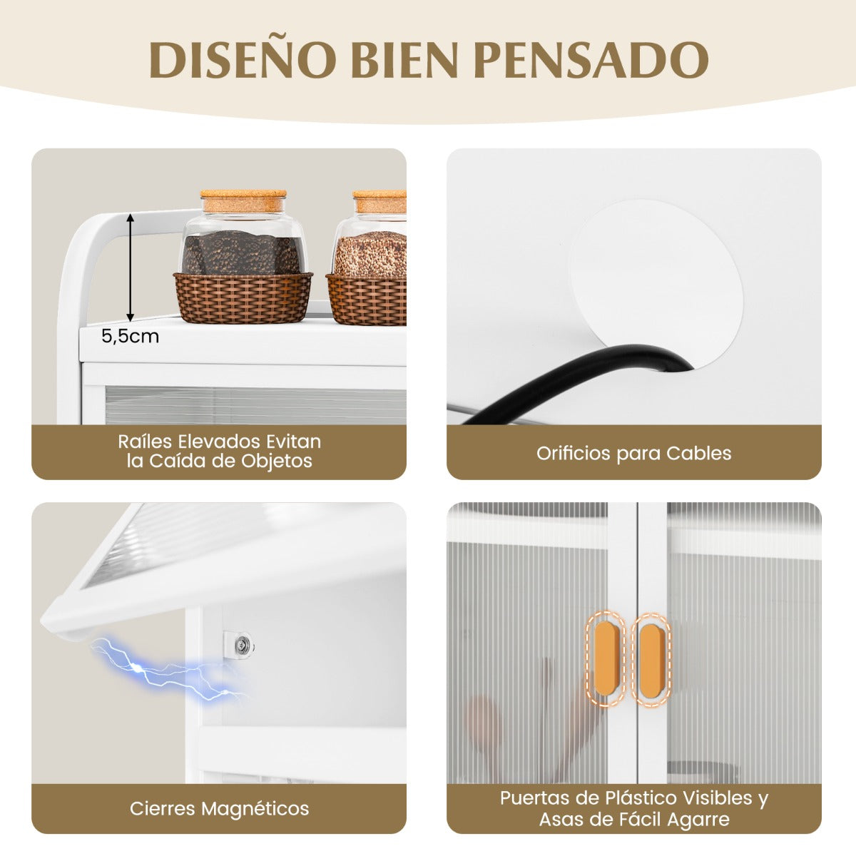 Gabinete para Despensa de Cocina con Tablero Perforado Estante Ajustable 8 Ganchos y 2 Puertas de Vidrio Buffet Aparador Carga 100kg Blanco