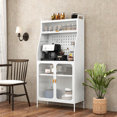 Gabinete para Despensa de Cocina con Tablero Perforado Estante Ajustable 8 Ganchos y 2 Puertas de Vidrio Buffet Aparador Carga 100kg Blanco