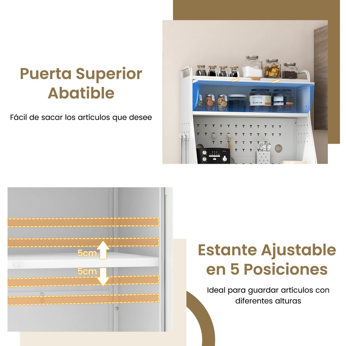 Gabinete para Despensa de Cocina con Tablero Perforado Estante Ajustable 8 Ganchos y 2 Puertas de Vidrio Buffet Aparador Carga 100kg Blanco