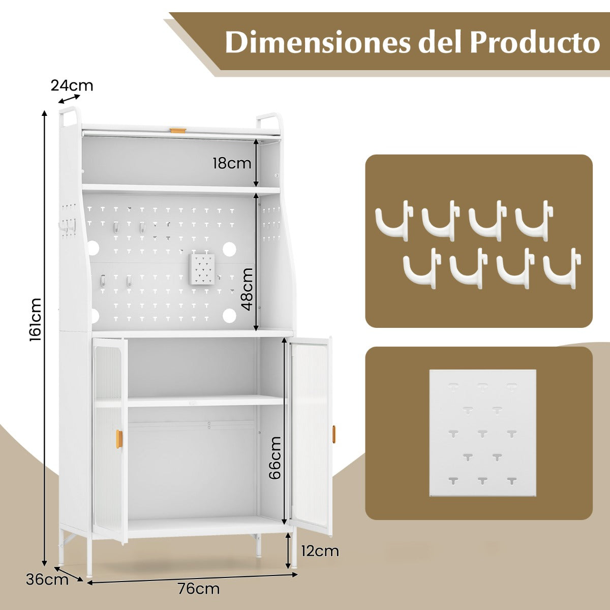 Gabinete para Despensa de Cocina con Tablero Perforado Estante Ajustable 8 Ganchos y 2 Puertas de Vidrio Buffet Aparador Carga 100kg Blanco