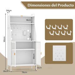 Gabinete para Despensa de Cocina con Tablero Perforado Estante Ajustable 8 Ganchos y 2 Puertas de Vidrio Buffet Aparador Carga 100kg Blanco