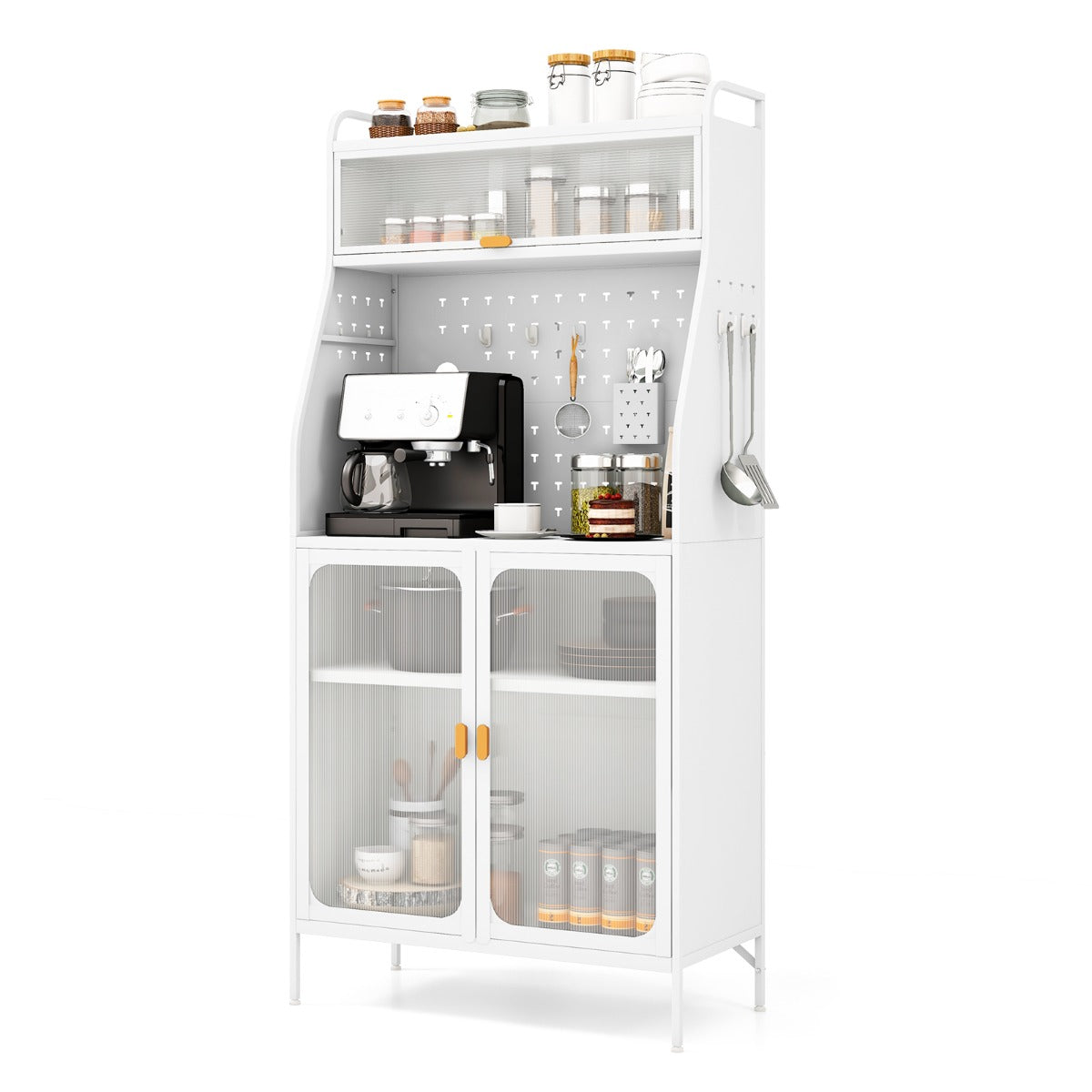 Gabinete para Despensa de Cocina con Tablero Perforado Estante Ajustable 8 Ganchos y 2 Puertas de Vidrio Buffet Aparador Carga 100kg Blanco