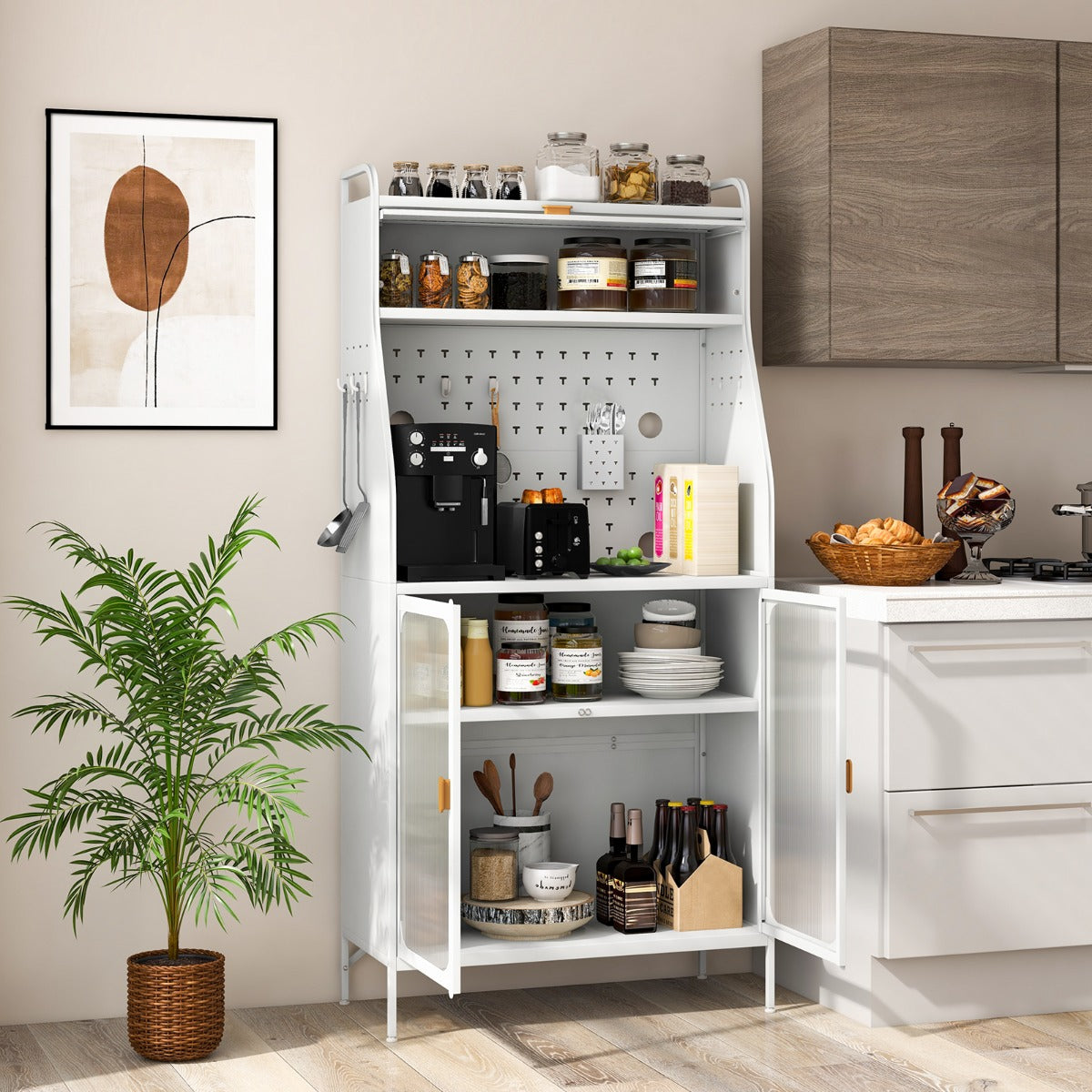 Gabinete para Despensa de Cocina con Tablero Perforado Estante Ajustable 8 Ganchos y 2 Puertas de Vidrio Buffet Aparador Carga 100kg Blanco
