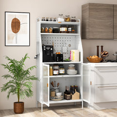 Gabinete para Despensa de Cocina con Tablero Perforado Estante Ajustable 8 Ganchos y 2 Puertas de Vidrio Buffet Aparador Carga 100kg Blanco