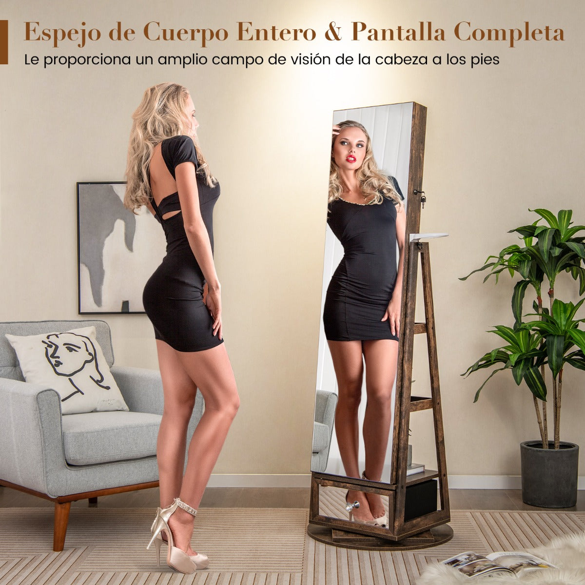 Gabinete para Joyería Giratorio de 360° con Espejo Luces LED Cerradura y Estante Trasero-Nuez