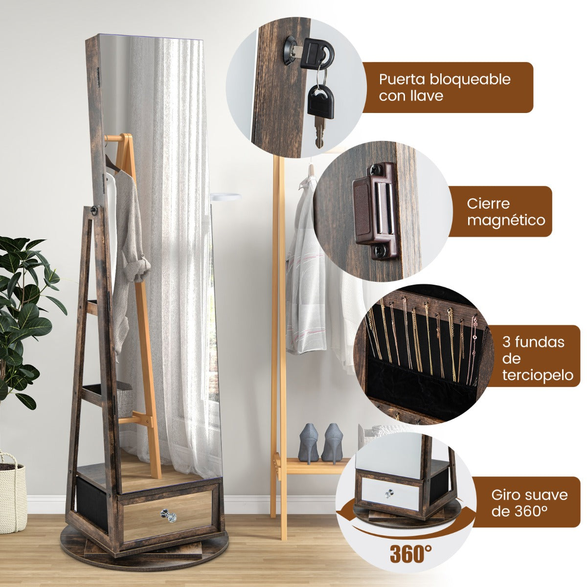 Gabinete para Joyería Giratorio de 360° con Espejo Luces LED Cerradura y Estante Trasero-Nuez