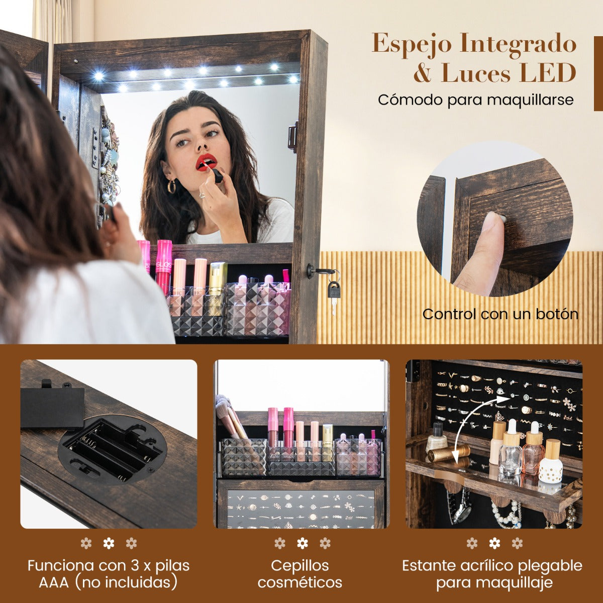 Gabinete para Joyería Giratorio de 360° con Espejo Luces LED Cerradura y Estante Trasero-Nuez