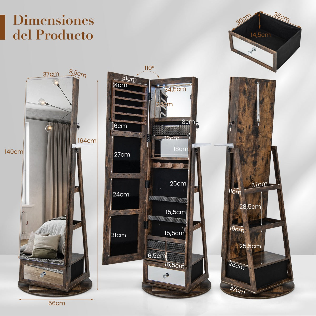 Gabinete para Joyería Giratorio de 360° con Espejo Luces LED Cerradura y Estante Trasero-Nuez