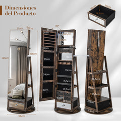 Gabinete para Joyería Giratorio de 360° con Espejo Luces LED Cerradura y Estante Trasero-Nuez