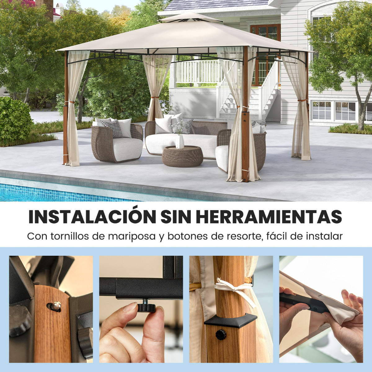 Gazebo 3,6 x 3 m con Red Techo con Dosel de 2 Niveles Marco de Metal Cenador para Jardín de Doble Techo para Patio Exterior Terraza Beige