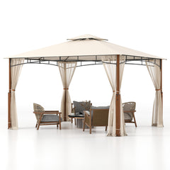 Gazebo 3,6 x 3 m con Red Techo con Dosel de 2 Niveles Marco de Metal Cenador para Jardín de Doble Techo para Patio Exterior Terraza Beige
