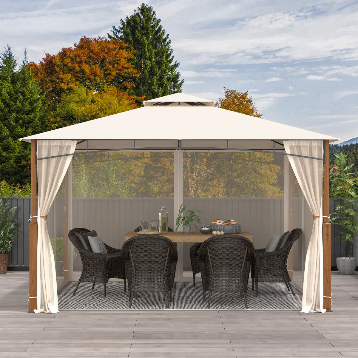 Gazebo 3,6 x 3 m con Red Techo con Dosel de 2 Niveles Marco de Metal Cenador para Jardín de Doble Techo para Patio Exterior Terraza Beige