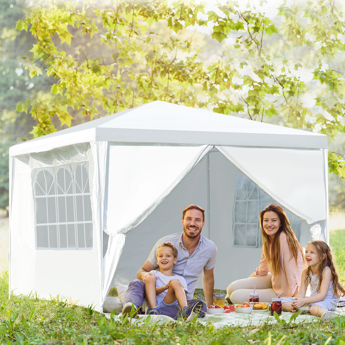 3 x 3 m Gazebo Pabellón Plegable de Patio Carpa Emergente con 4 Paredes Laterales Desmontables Ventanas Gran Dosel Tubos de Metal