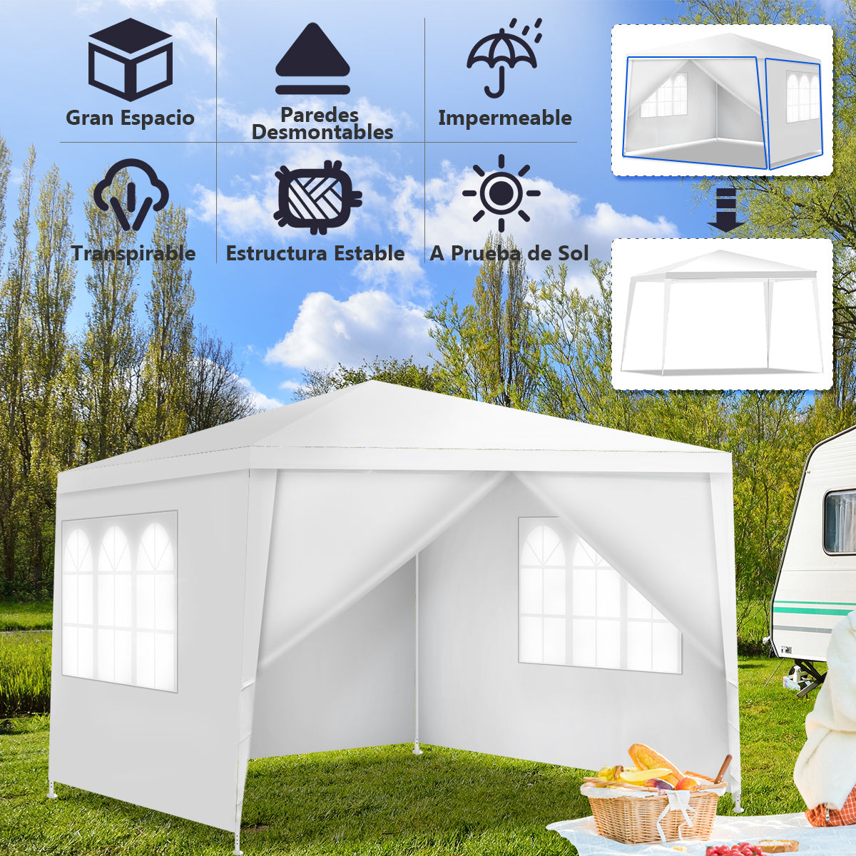 3 x 3 m Gazebo Pabellón Plegable de Patio Carpa Emergente con 4 Paredes Laterales Desmontables Ventanas Gran Dosel Tubos de Metal