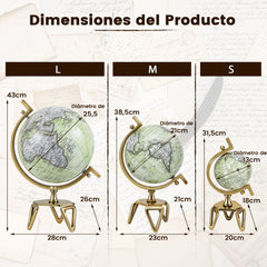 18/21/26cm Globo Terráqueo Geográfico con Soporte de Metal en Forma de Triángulo Decorativo Antiguo y Giratorio-L