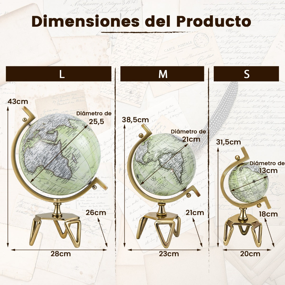 18/21/26cm Globo Terráqueo Geográfico con Soporte de Metal en Forma de Triángulo Decorativo Antiguo y Giratorio-S