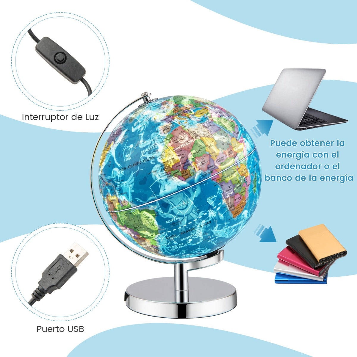 3 en 1 Globo Terráqueo Iluminado de 23 cm con 88 Constelaciones Soporte de Metal y Mapa en Inglés para Hogar Escuela y Oficina Azul