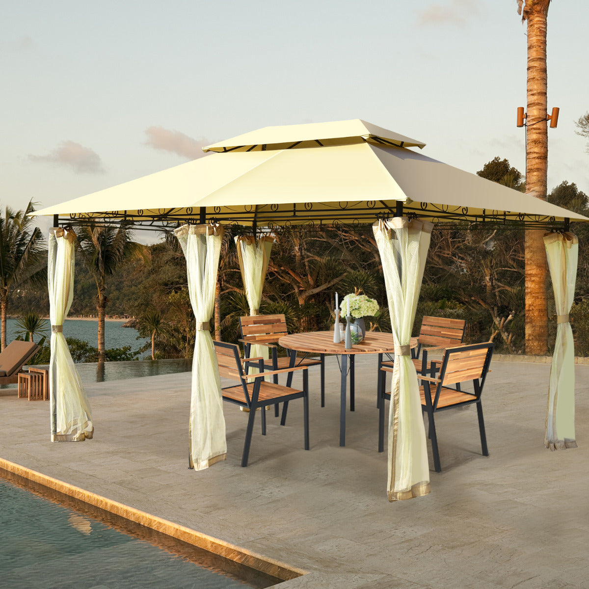 Glorieta para Patio Toldo de Exterior con Red Removible Dobles Techos Estructura en Acero para Picnic Parrilladas Boda 3,9 x 2,9 m Beige