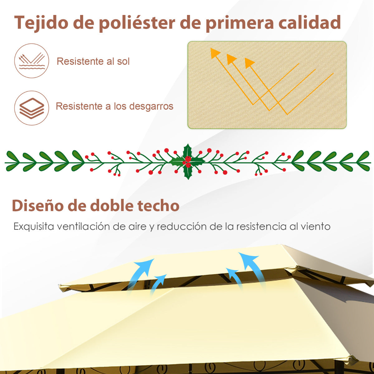 Glorieta para Patio Toldo de Exterior con Red Removible Dobles Techos Estructura en Acero para Picnic Parrilladas Boda 3,9 x 2,9 m Beige