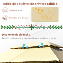 Glorieta para Patio Toldo de Exterior con Red Removible Dobles Techos Estructura en Acero para Picnic Parrilladas Boda 3,9 x 2,9 m Beige