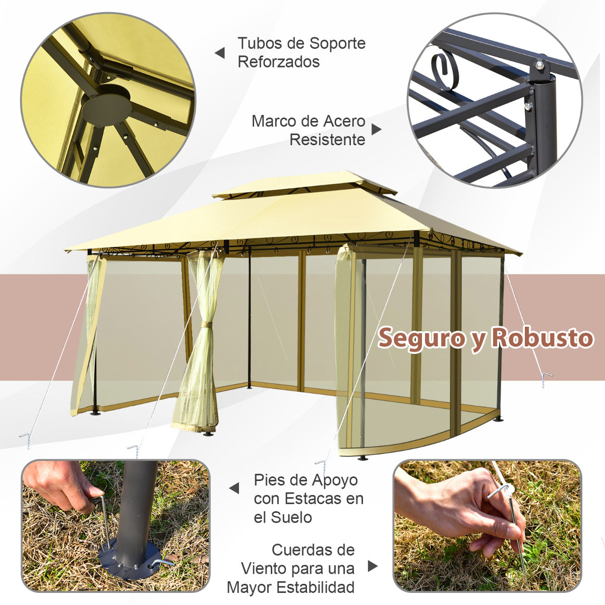 Glorieta para Patio Toldo de Exterior con Red Removible Dobles Techos Estructura en Acero para Picnic Parrilladas Boda 3,9 x 2,9 m Beige