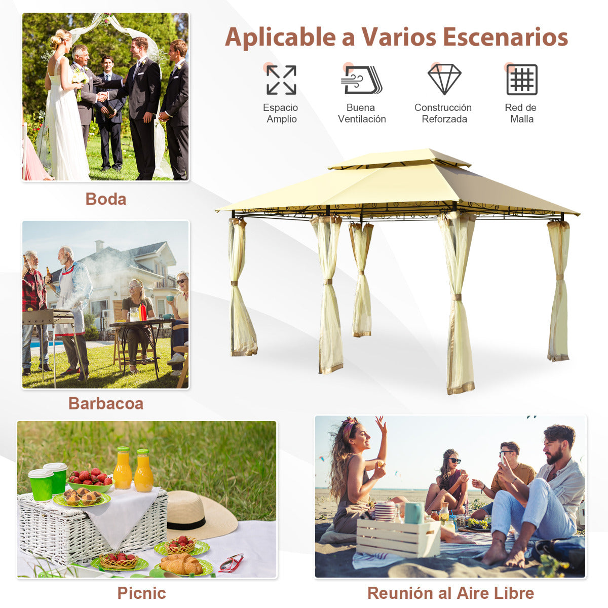 Glorieta para Patio Toldo de Exterior con Red Removible Dobles Techos Estructura en Acero para Picnic Parrilladas Boda 3,9 x 2,9 m Beige