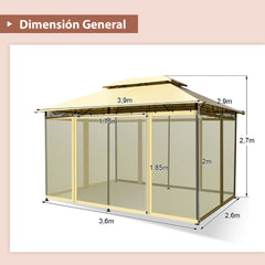 Glorieta para Patio Toldo de Exterior con Red Removible Dobles Techos Estructura en Acero para Picnic Parrilladas Boda 3,9 x 2,9 m Beige