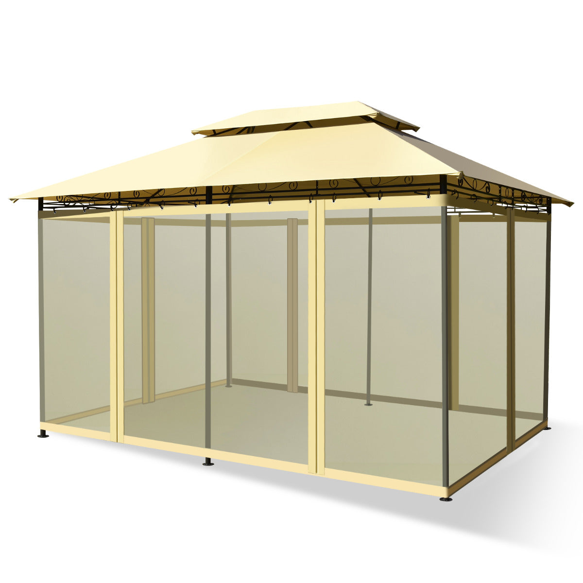 Glorieta para Patio Toldo de Exterior con Red Removible Dobles Techos Estructura en Acero para Picnic Parrilladas Boda 3,9 x 2,9 m Beige