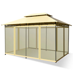 Glorieta para Patio Toldo de Exterior con Red Removible Dobles Techos Estructura en Acero para Picnic Parrilladas Boda 3,9 x 2,9 m Beige