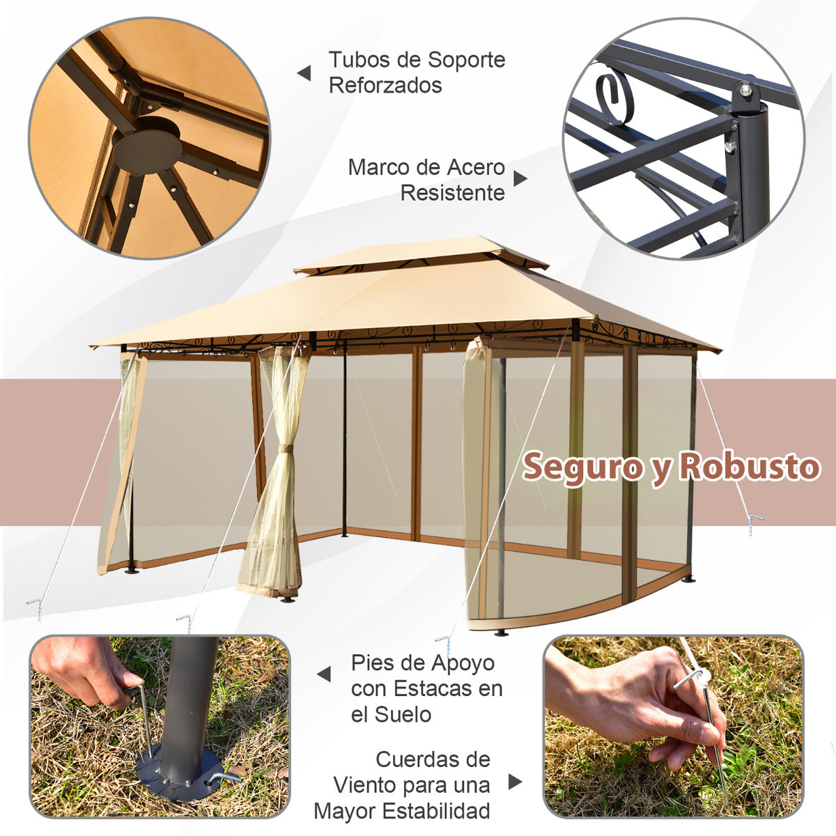 Glorieta para Patio Toldo de Exterior con Red Removible Dobles Techos Estructura en Acero para Picnic Parrilladas Boda 3,9 x 2,9 m Marrón