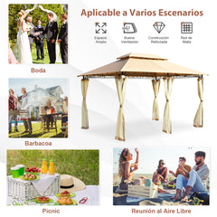 Glorieta para Patio Toldo de Exterior con Red Removible Dobles Techos Estructura en Acero para Picnic Parrilladas Boda 3,9 x 2,9 m Marrón