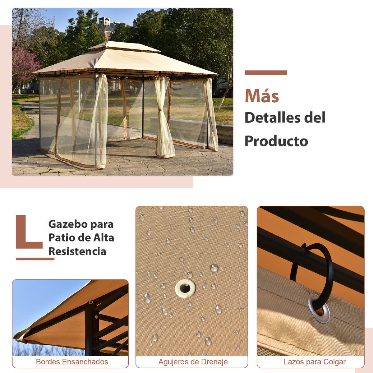 Glorieta para Patio Toldo de Exterior con Red Removible Dobles Techos Estructura en Acero para Picnic Parrilladas Boda 3,9 x 2,9 m Marrón