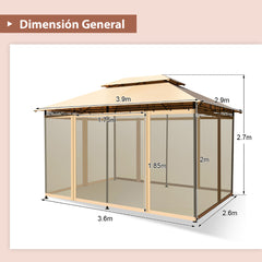 Glorieta para Patio Toldo de Exterior con Red Removible Dobles Techos Estructura en Acero para Picnic Parrilladas Boda 3,9 x 2,9 m Marrón