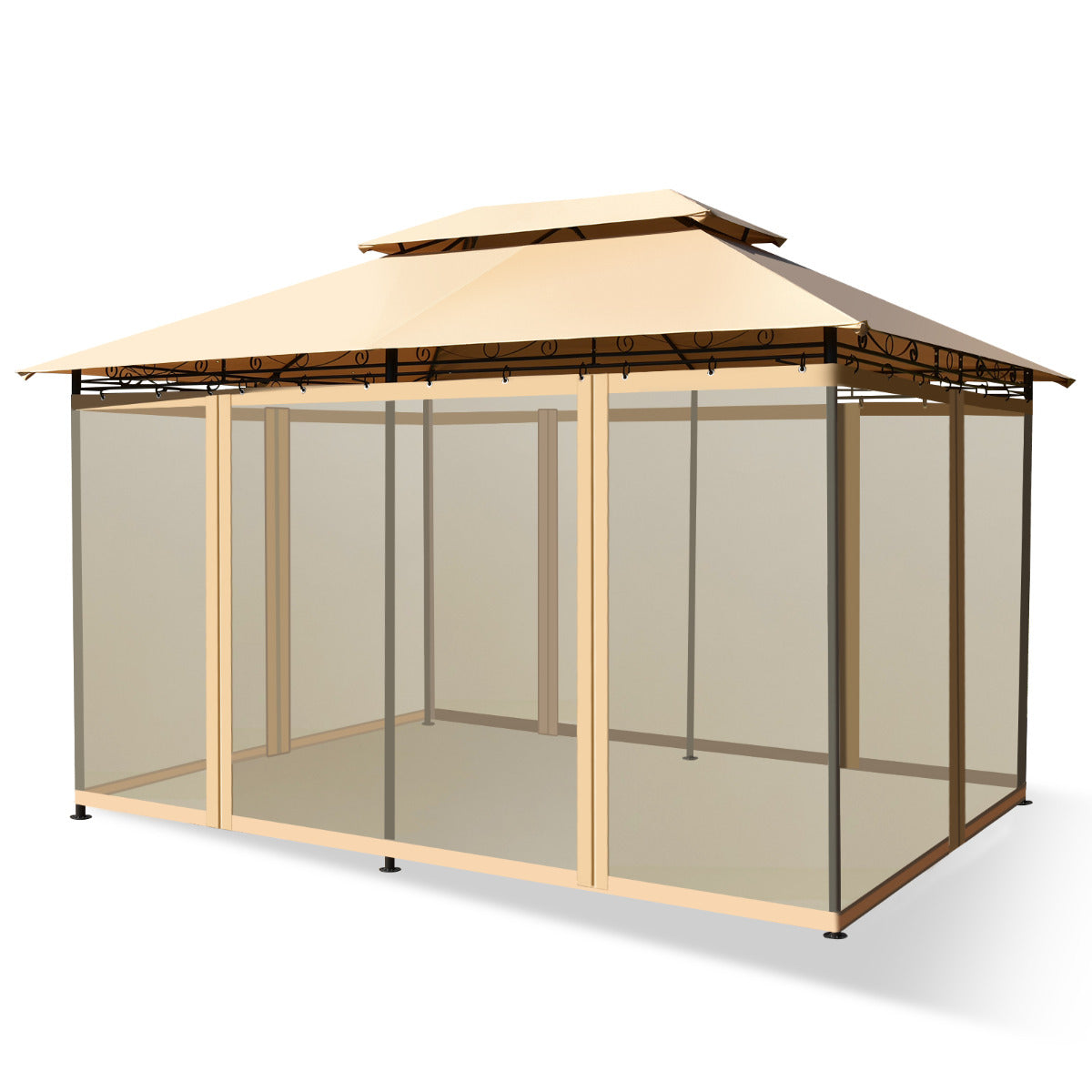 Glorieta para Patio Toldo de Exterior con Red Removible Dobles Techos Estructura en Acero para Picnic Parrilladas Boda 3,9 x 2,9 m Marrón