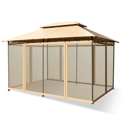 Glorieta para Patio Toldo de Exterior con Red Removible Dobles Techos Estructura en Acero para Picnic Parrilladas Boda 3,9 x 2,9 m Marrón
