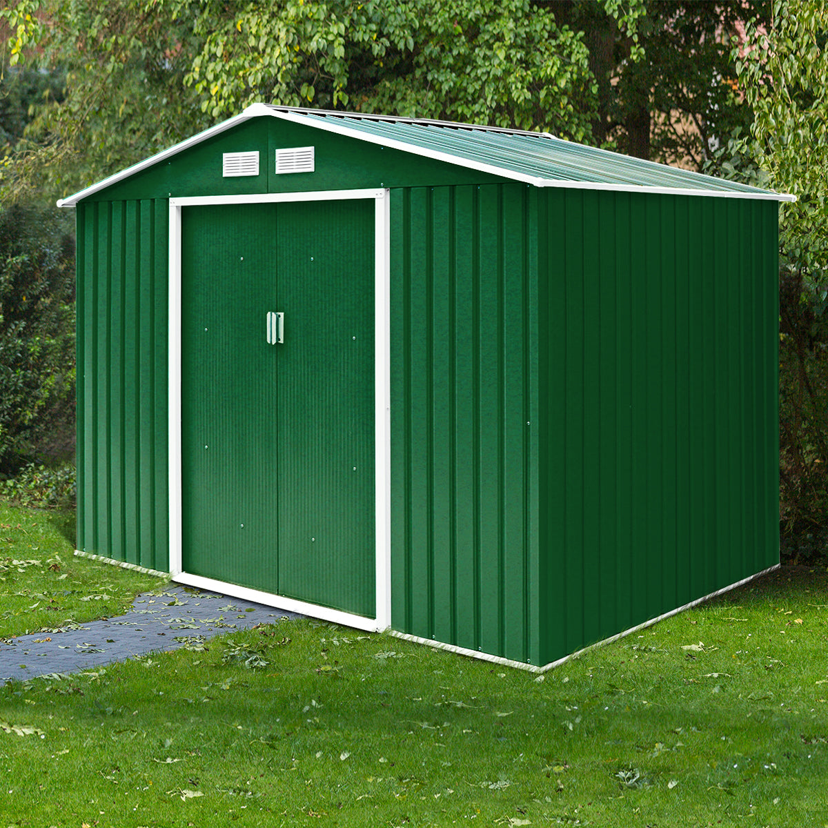 213x127x185cm Caja de Cobertizo de Jardín para Herramientas en Chapa de Acero Verde Oscuro