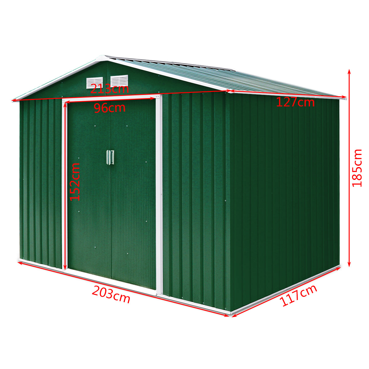 213x127x185cm Caja de Cobertizo de Jardín para Herramientas en Chapa de Acero Verde Oscuro