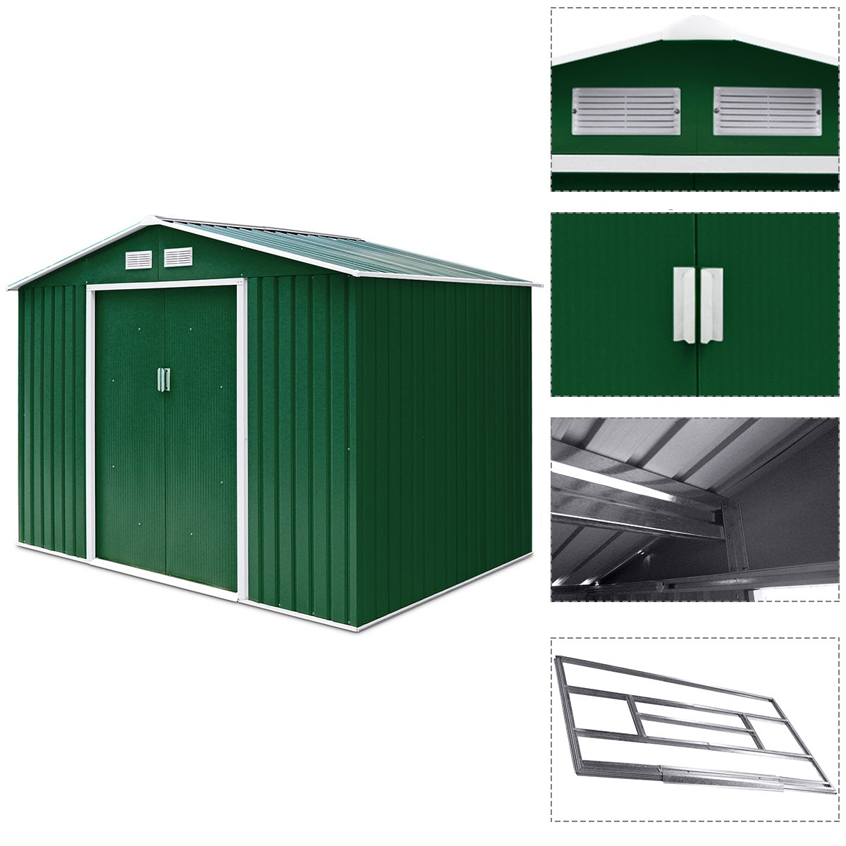 213x127x185cm Caja de Cobertizo de Jardín para Herramientas en Chapa de Acero Verde Oscuro