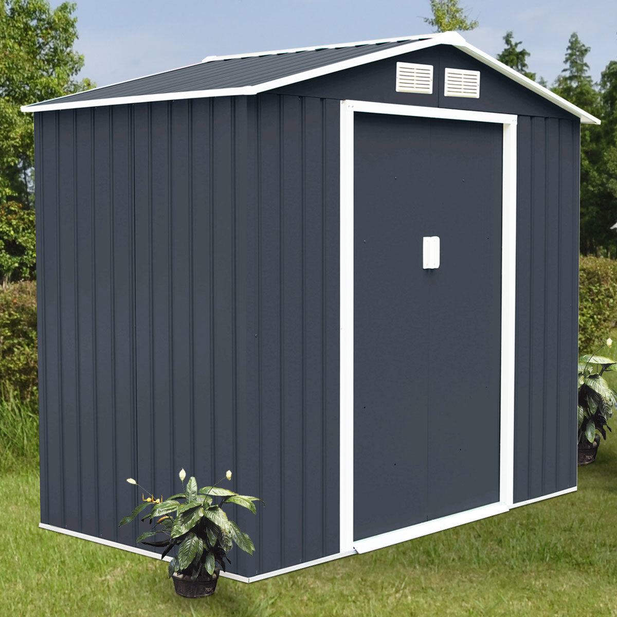 213x127x185cm Caja de Cobertizo de Jardín para Herramientas en Chapa de Acero Gris