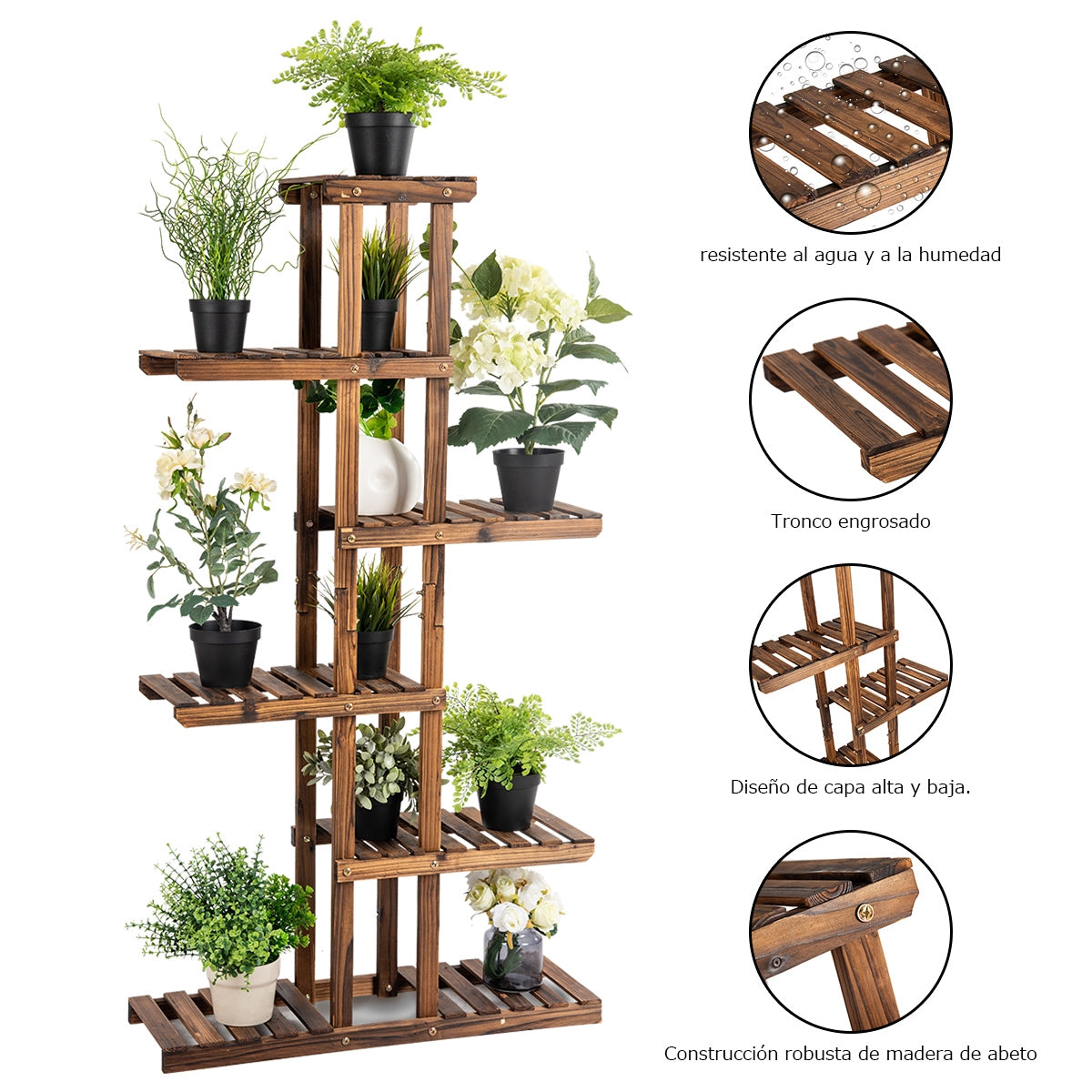 Estante Multinivel de Madera con 6 Niveles para Macetas para Interior Exterior Jardín Patio Salón y Balcón Natural 75 x 25 x 140 cm