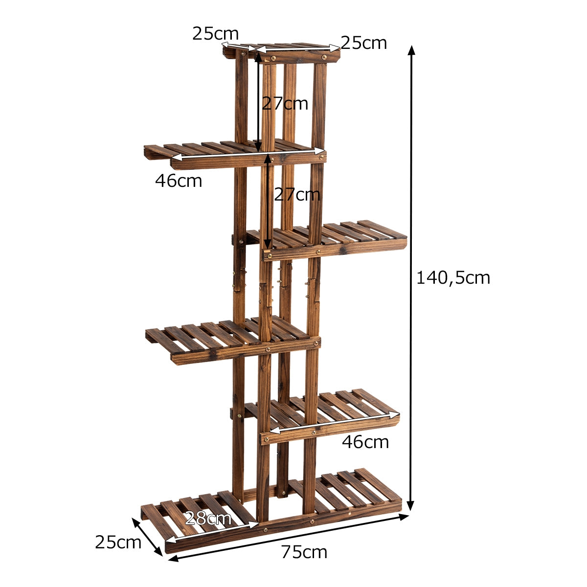 Estante Multinivel de Madera con 6 Niveles para Macetas para Interior Exterior Jardín Patio Salón y Balcón Natural 75 x 25 x 140 cm