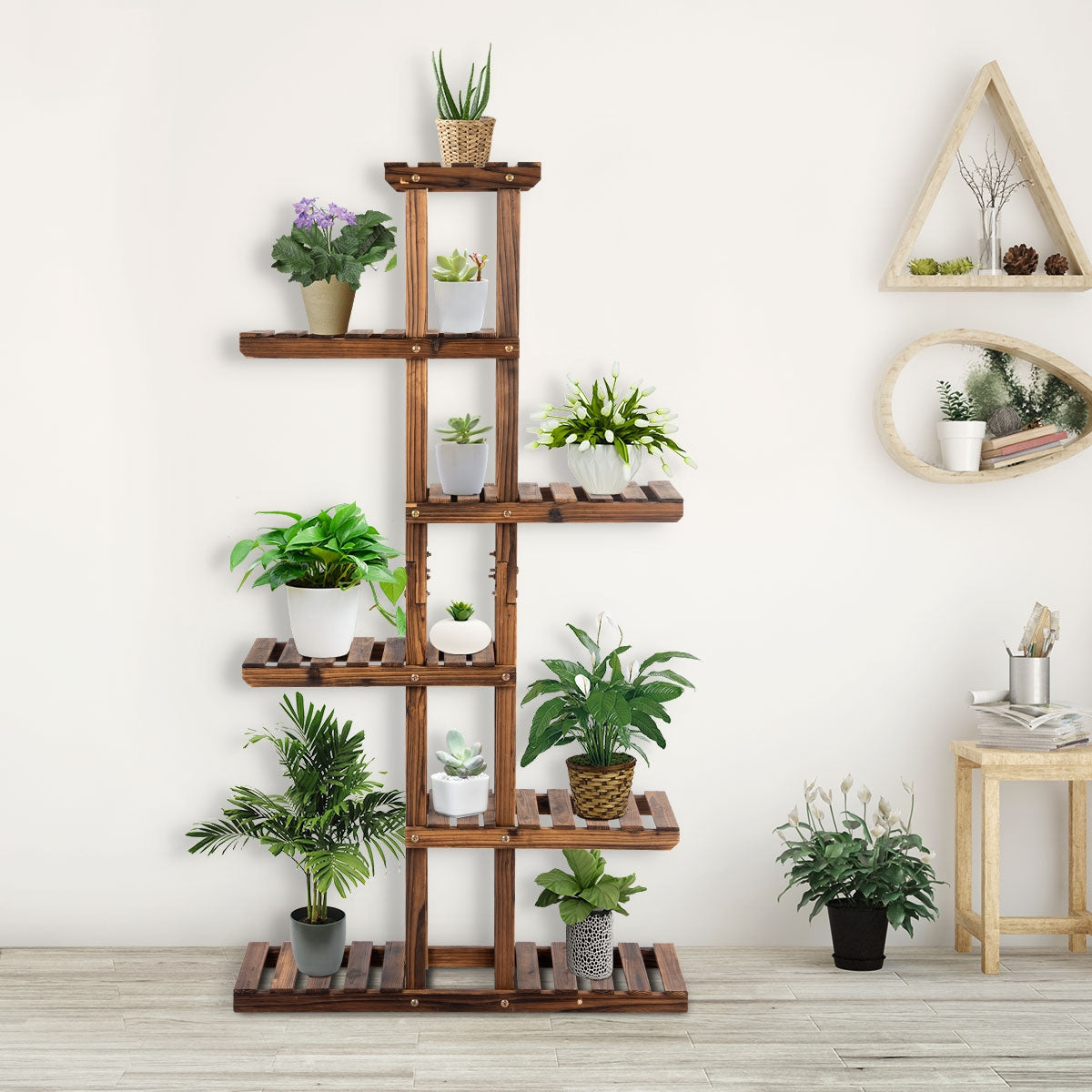 Estante Multinivel de Madera con 6 Niveles para Macetas para Interior Exterior Jardín Patio Salón y Balcón Natural 75 x 25 x 140 cm