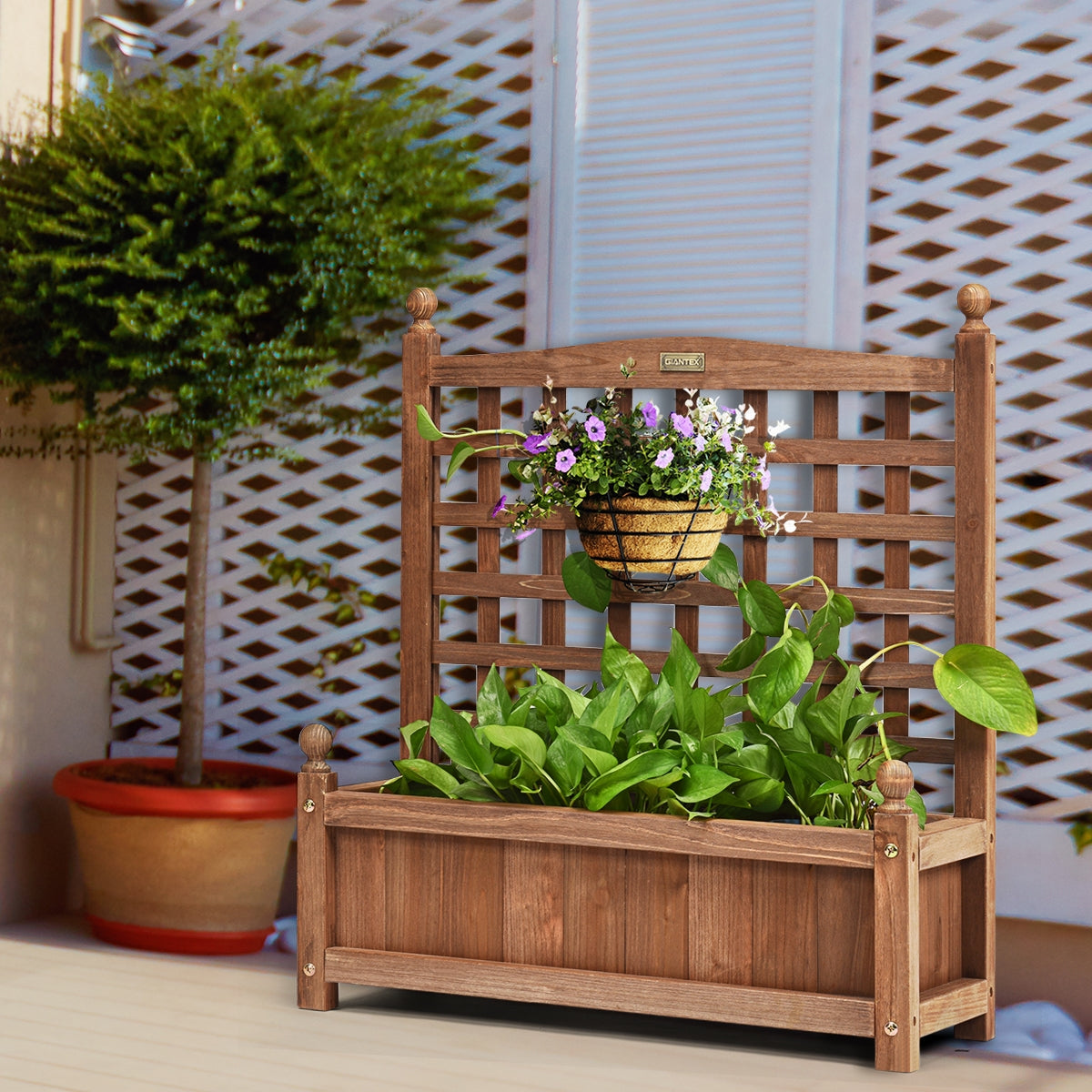 Maceta con Enrejado en Madera Tiesto para Jardín Patio Perfecto para Plantas Trepadoras Vides Flores Marrón Oscuro 64,5 x 28 x 75 cm