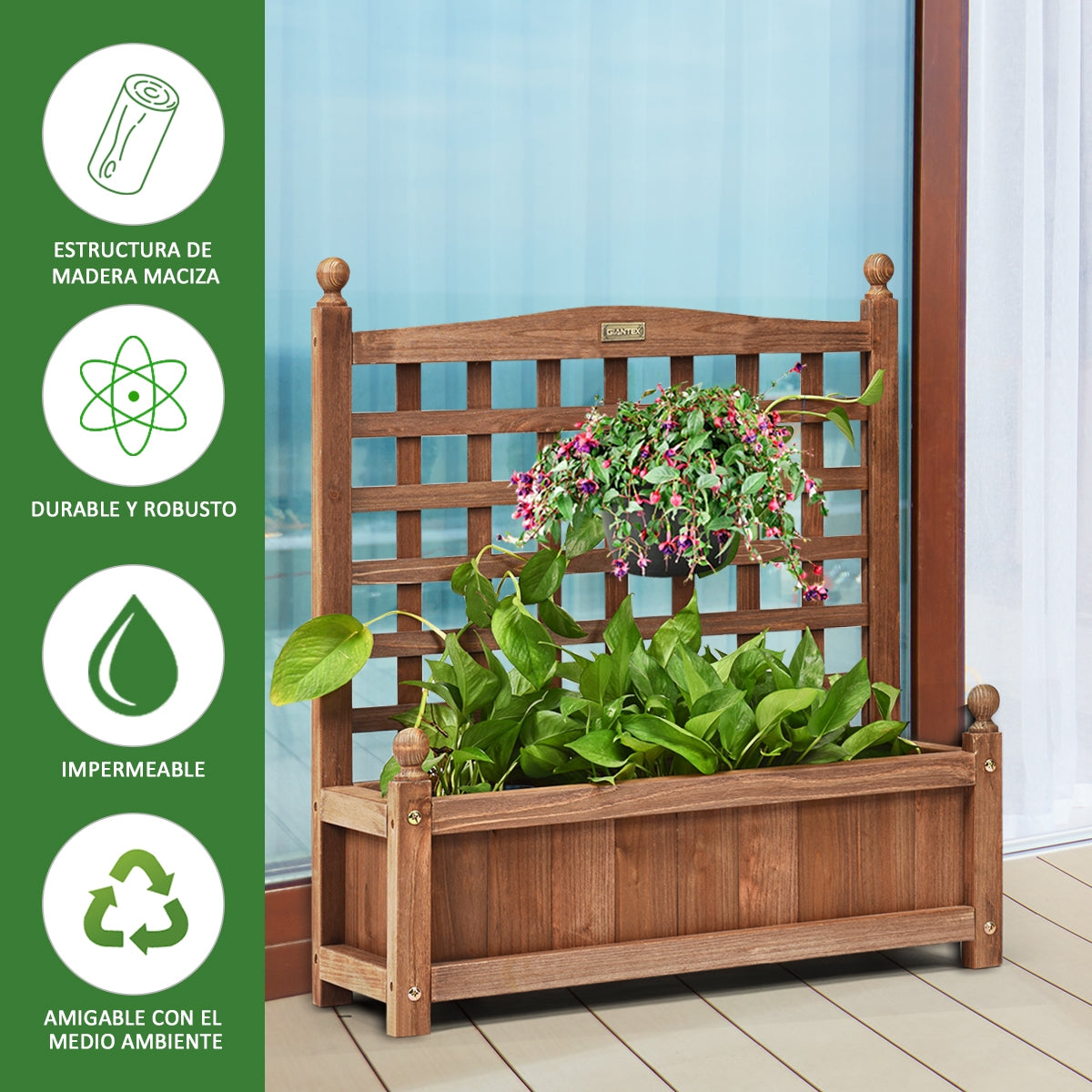 Maceta con Enrejado en Madera Tiesto para Jardín Patio Perfecto para Plantas Trepadoras Vides Flores Marrón Oscuro 64,5 x 28 x 75 cm