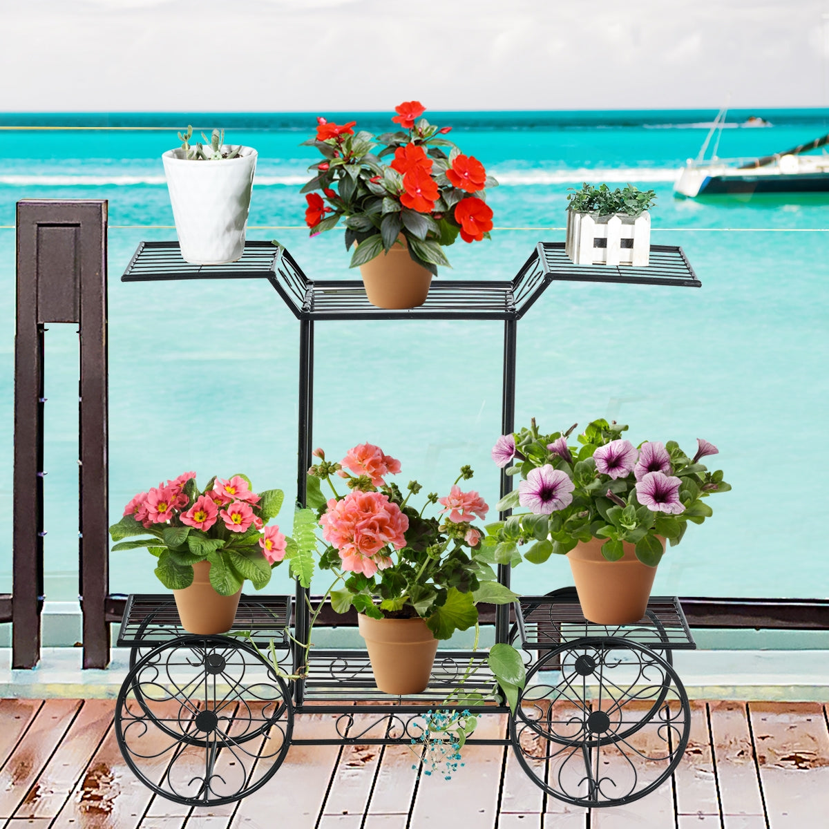 Estante de Metal Forma de Carrito para Plantas y Flores 6 Niveles para Casa Jardín Patio Interior y Exterior Negro 80,5 x 25 x 75 cm