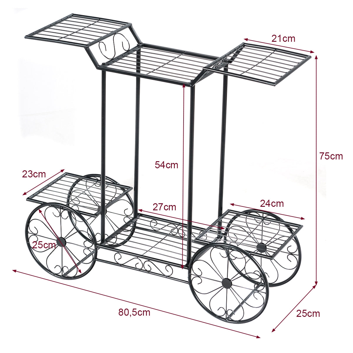 Estante de Metal Forma de Carrito para Plantas y Flores 6 Niveles para Casa Jardín Patio Interior y Exterior Negro 80,5 x 25 x 75 cm